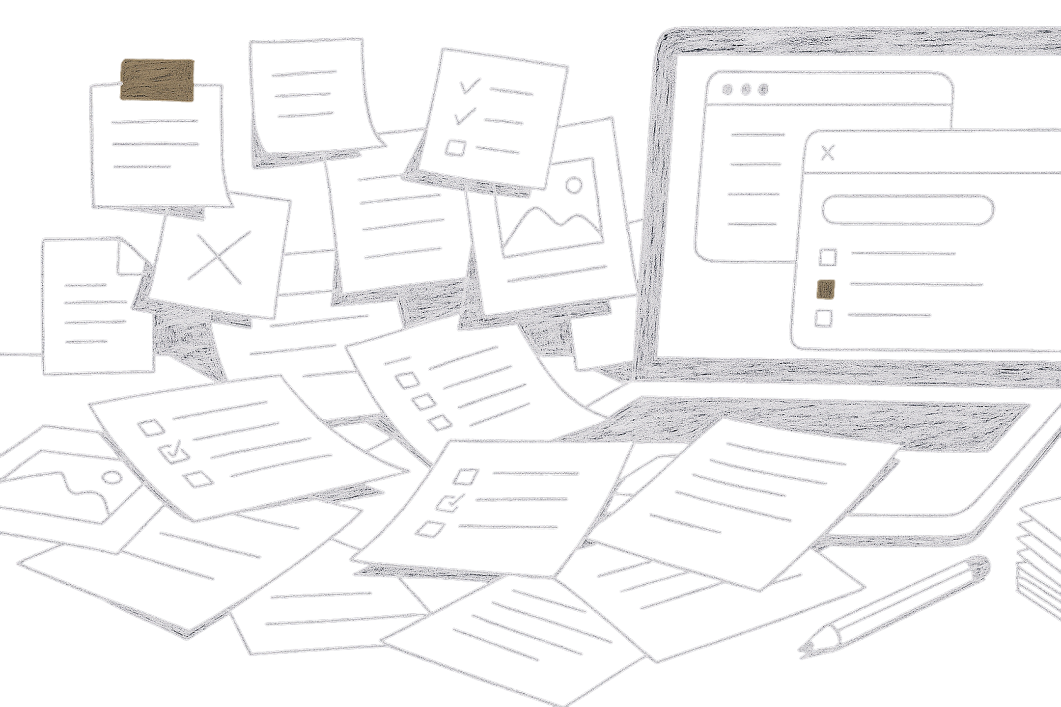 Chaotic desk illustration - dark mode