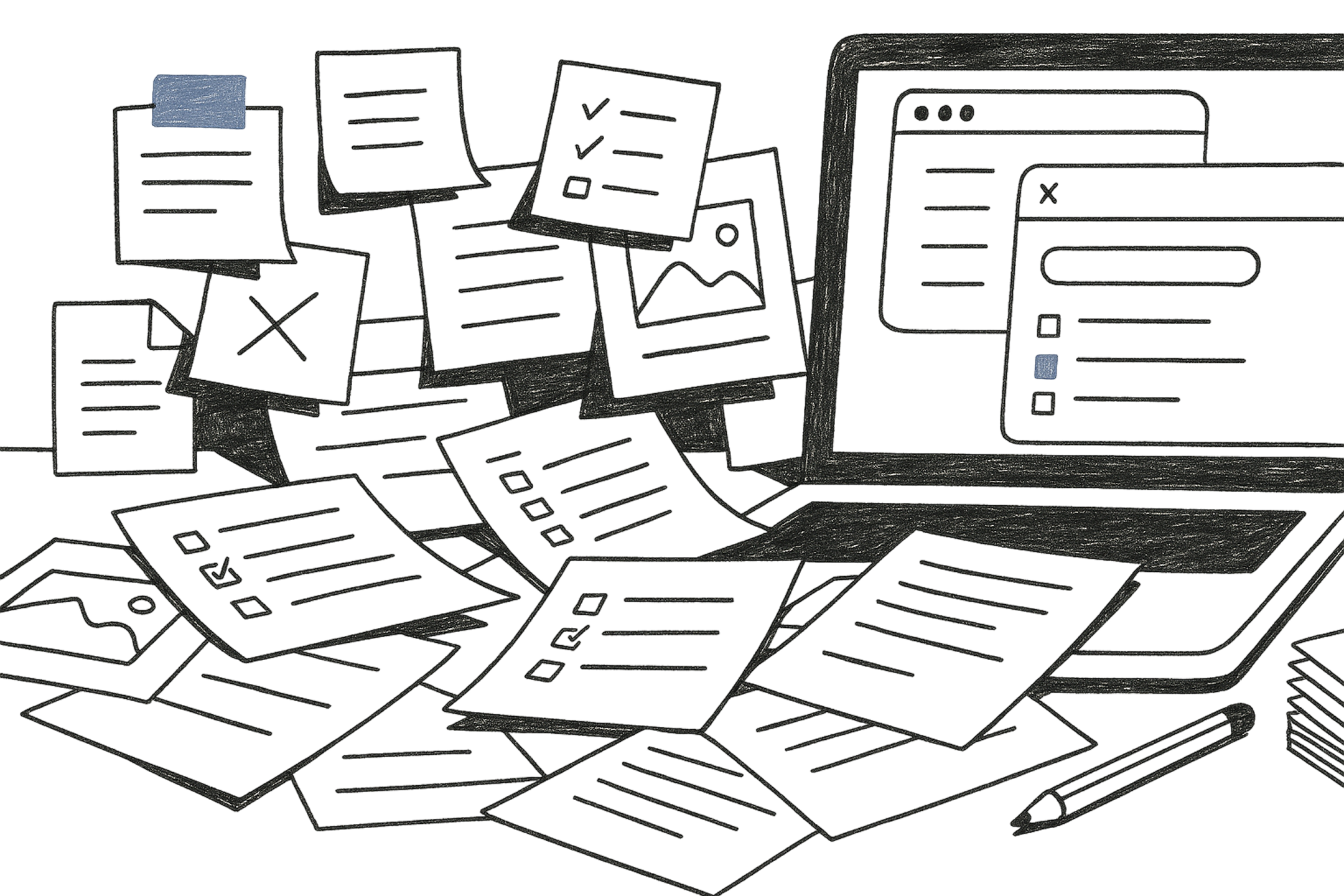 Chaotic desk illustration - light mode
